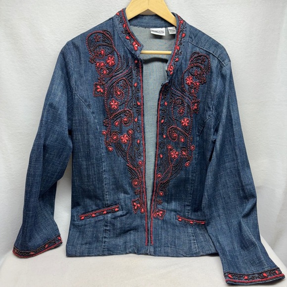 Chico's Jackets & Blazers - Chicos Denim Jacket Beaded Embellished Collar Cuffs Pockets Womens Size 3